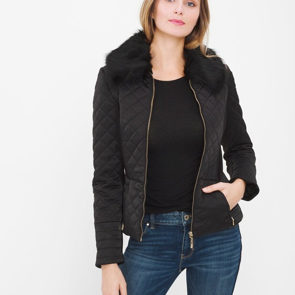 FAUX-FUR COLLAR QUILTED JACKET